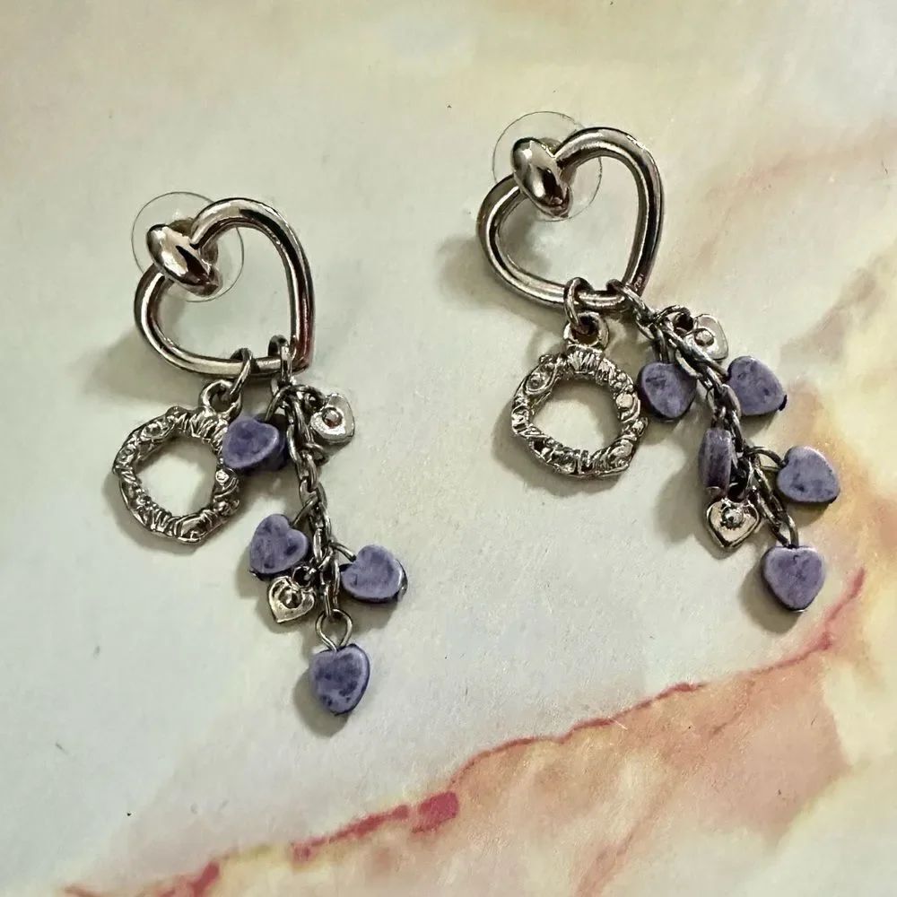 Silver tone Purple Heart beaded dangle post earrings
